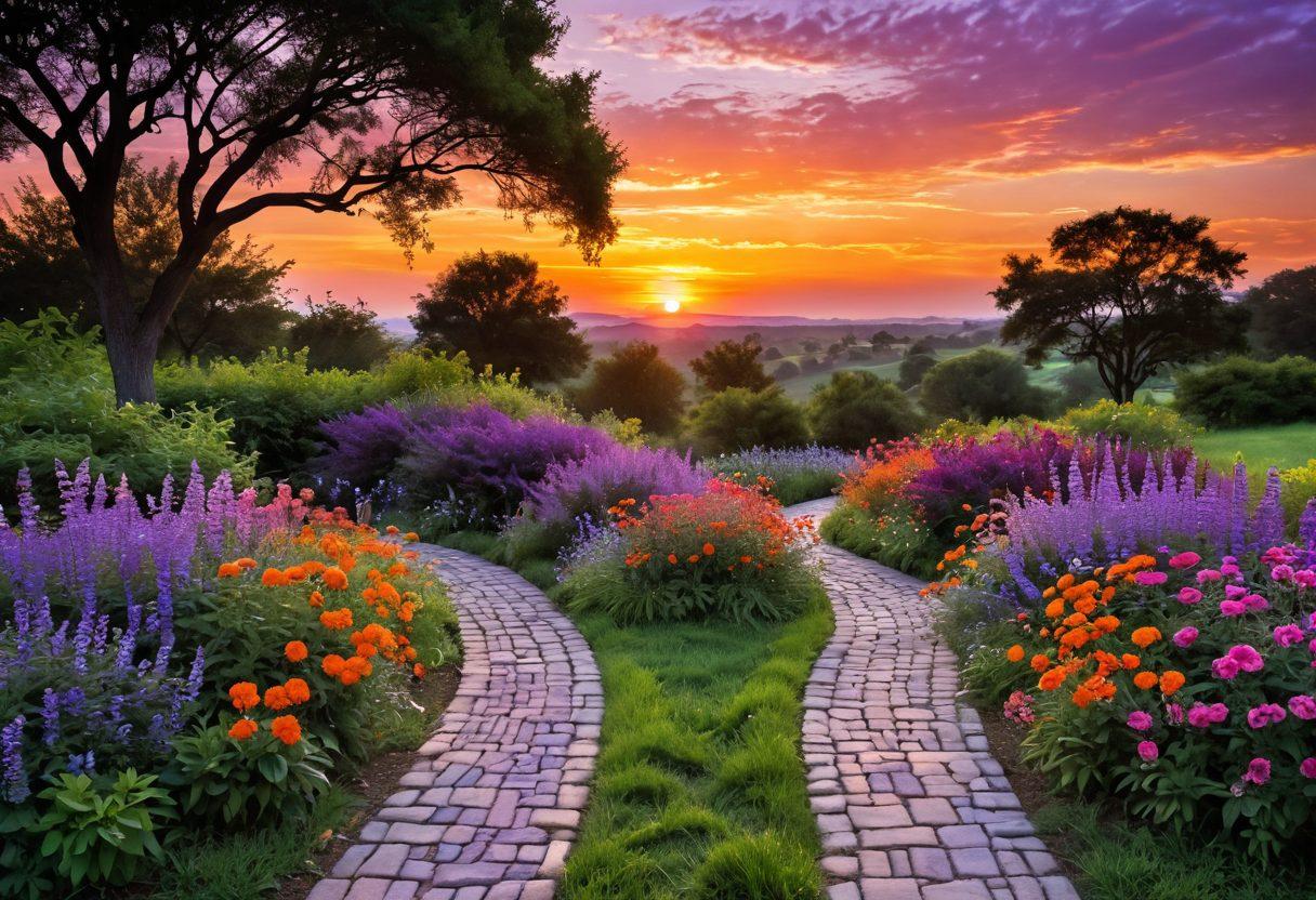 A serene landscape featuring two interwoven paths leading toward a radiant sunset, symbolizing harmony in love. Along the paths, diverse couples of different backgrounds, happily interacting and sharing moments of affection, embody the theme of equity in romance. Lush greenery and soft flowers line the sides, enhancing the feeling of tranquility and warmth. The sky is painted in vibrant hues of orange and purple, evoking a sense of hope and promise. super-realistic. vibrant colors. soft focus.