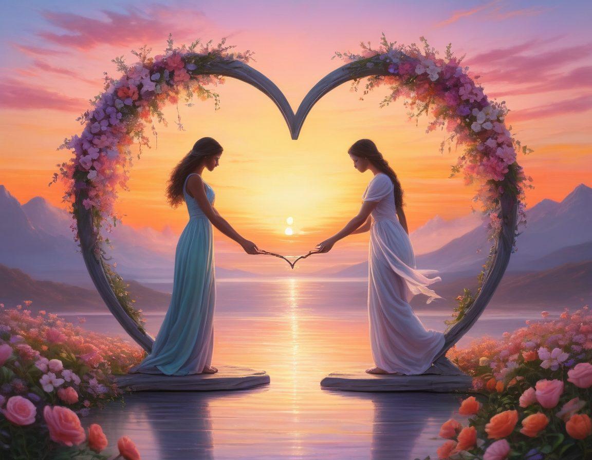 A serene scene depicting a heart intertwined with balanced scales, surrounded by blooming flowers symbolizing love and harmony. Soft pastel colors set a calming atmosphere, with two silhouettes of individuals reaching out towards each other, representing connection and fairness. The background features a radiant sunset, symbolizing hope and new beginnings. super-realistic. soft pastel colors. vibrant details.