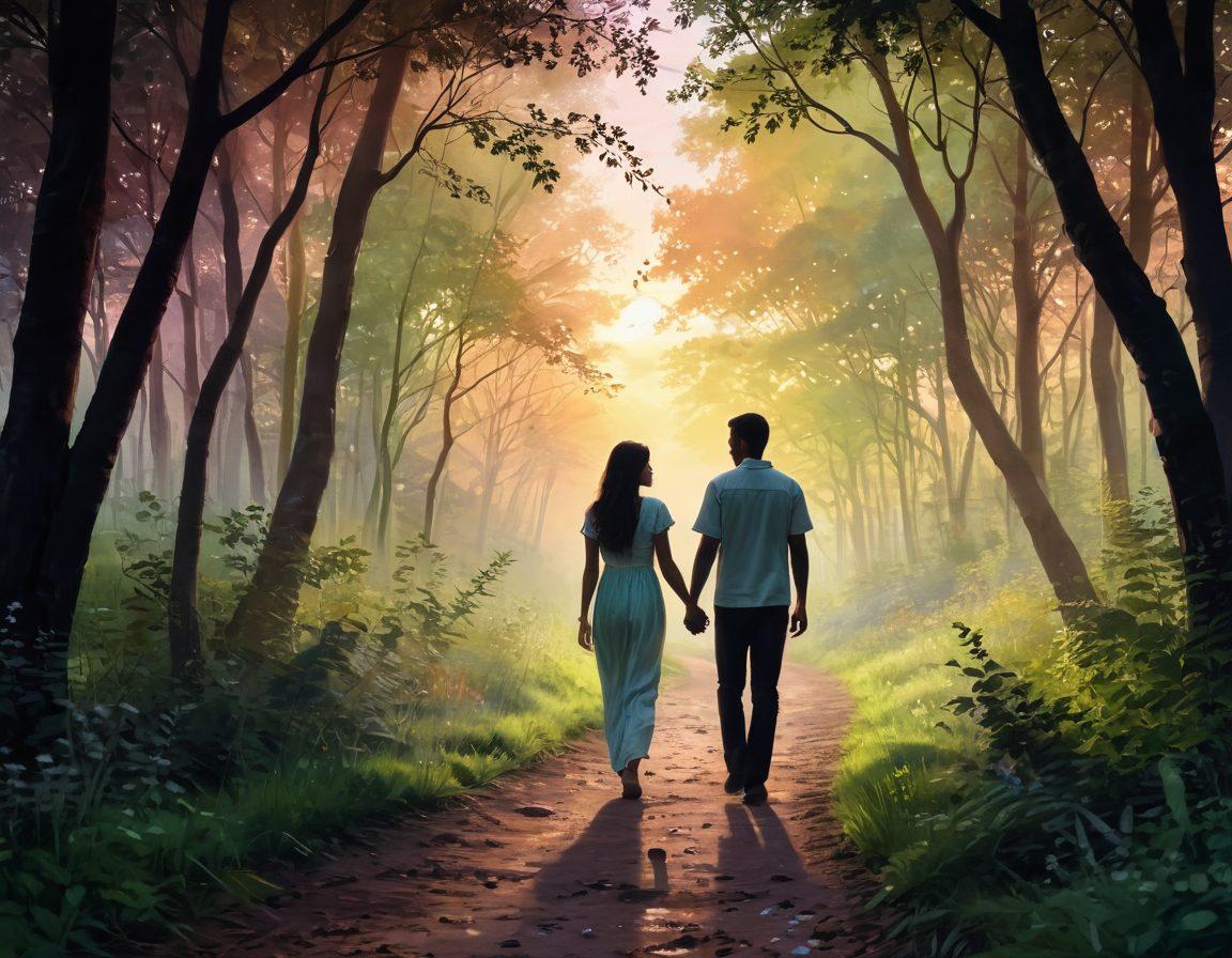 A serene path through a lush, green forest symbolizes the journey of romance, lined with blooming flowers in soft pastel colors. Along the path, silhouettes of a couple walking hand in hand, their expressions conveying deep connection and unity. Above them, the sky transitions from warm sunset hues to a starlit night, embodying the emotional depth of love. Include subtle heart shapes crafted from leaves, blending nature with romance. painting. vibrant colors. soft focus.